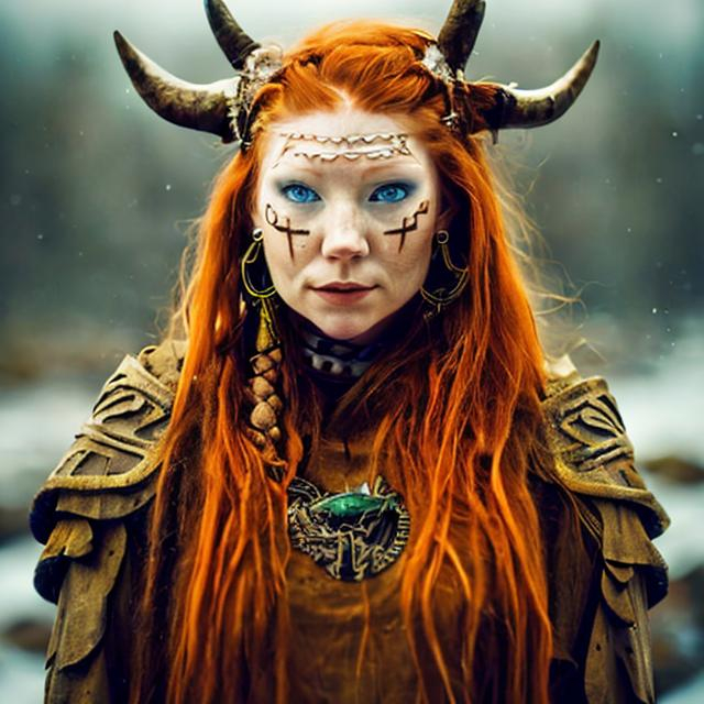 Prompt: a female norse shaman with ginger hair