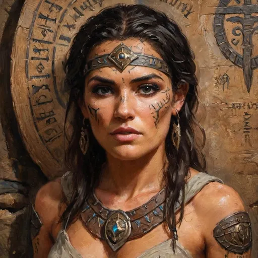 Prompt: Ardeth Bay from The Mummy, but a shield maiden. She has Medjai tattoos on her face, dark hair, brown eyes. She's writing.