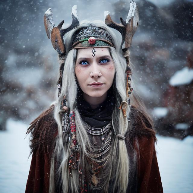Prompt: a female norse shaman from india. in the snowy mountains.