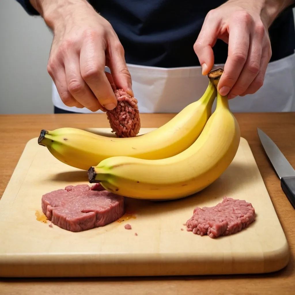 Prompt: can you draw me a picture of a banana being dissected on a chopping board but instead of banana flesh I want minced meat and the banana skin is pinned down to chopping board