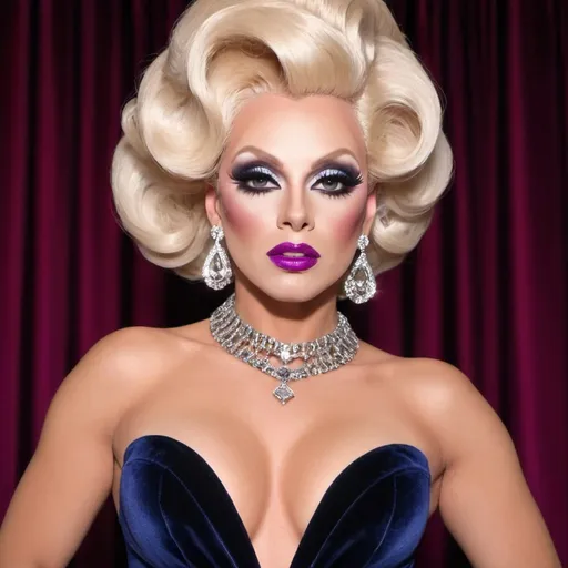 Prompt: Generate a drag race promo look themed around Hollywood Glamour for Velvet Diamond - A sultry seductress who brings sensuality and elegance to the runway.