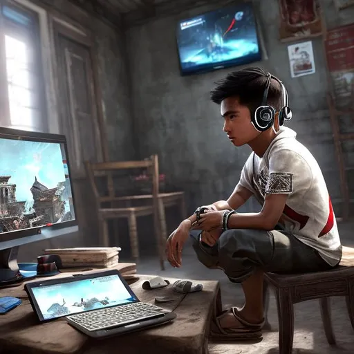 Prompt: A boy is sitting on a chair wearing a headset and playing assassins creed computer game.  "EASHAN" is written on his t shirt.back side viwe