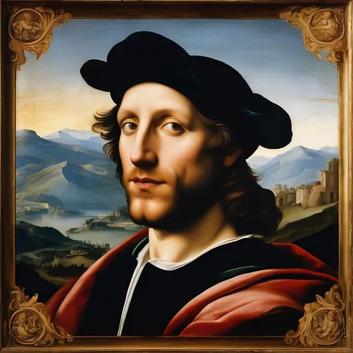 Prompt: A painted portrait of a man in style of Renaissance painter Raphael with mountains in background.