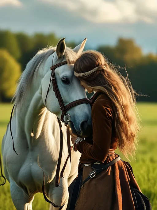 Prompt: (realism), (equestrian scene), a rider gently caressing her horse, flowing mane highlighted by sunlight, vast green pasture backdrop, sky adorned with soft clouds, serene and peaceful atmosphere, warm color tones, detailed textures of horse's coat, rider in classic equestrian attire, ultra-detailed, high definition, capturing the bond between rider and horse.