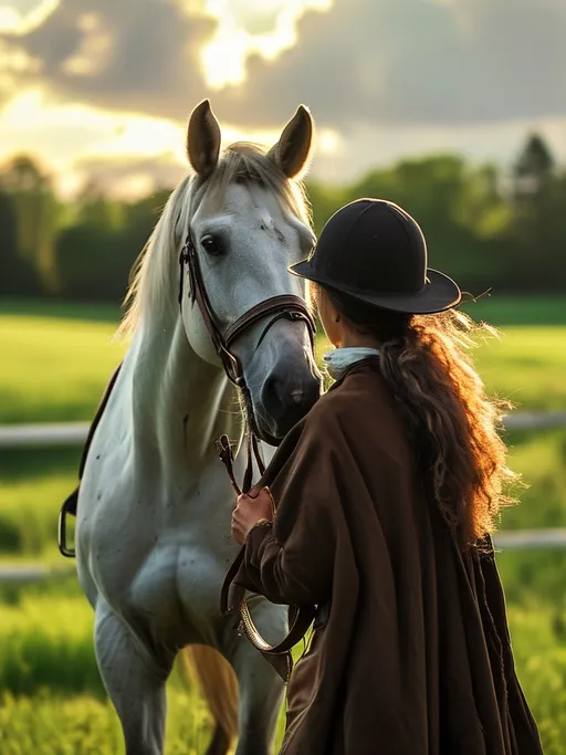 Prompt: (realism), (equestrian scene), a rider gently caressing her horse, flowing mane highlighted by sunlight, vast green pasture backdrop, sky adorned with soft clouds, serene and peaceful atmosphere, warm color tones, detailed textures of horse's coat, rider in classic equestrian attire, ultra-detailed, high definition, capturing the bond between rider and horse.