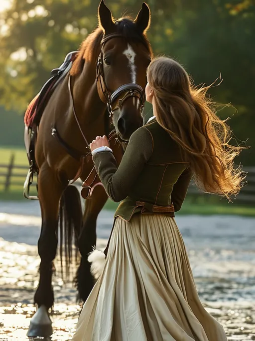 Prompt: (realism), (equestrian scene), a rider gently caressing her horse, flowing mane highlighted by sunlight, vast green pasture backdrop, sky adorned with soft clouds, serene and peaceful atmosphere, warm color tones, detailed textures of horse's coat, rider in classic equestrian attire, ultra-detailed, high definition, capturing the bond between rider and horse.