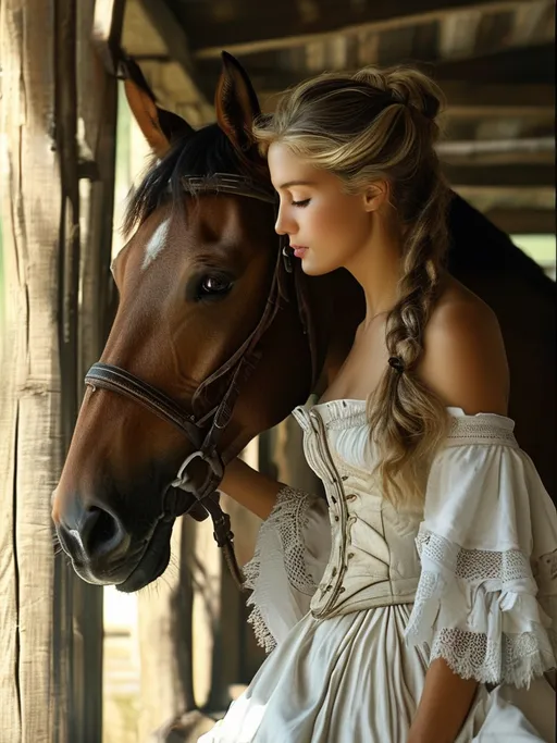 Prompt: (realism), (equestrian scene), a rider gently caressing her horse, flowing mane highlighted by sunlight, vast green pasture backdrop, sky adorned with soft clouds, serene and peaceful atmosphere, warm color tones, detailed textures of horse's coat, rider in classic equestrian attire, ultra-detailed, high definition, capturing the bond between rider and horse.