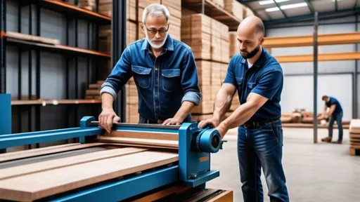 Prompt: experts working with mechanical wood cutting machinery in a clean and professional warehouse, in hyper realistic style, real and professional machinery, in blue and white colors
