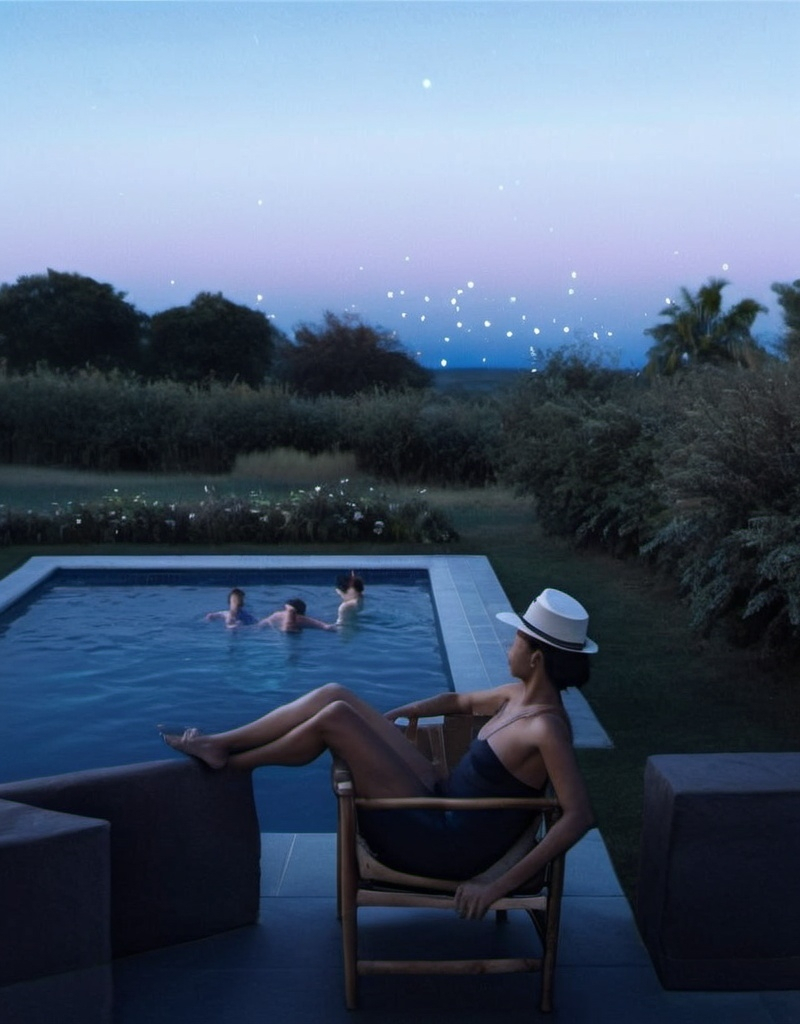 Prompt: a woman sitting in a chair next to a pool with people swimming in it and a man in a hat, behind is cosmic sky