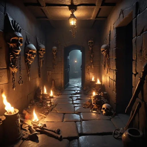 Prompt: a dungeon hallway, lit warmly with torches, bones and treasures litter the floor. photorealistic, a bright glow emits from a door in the distance
