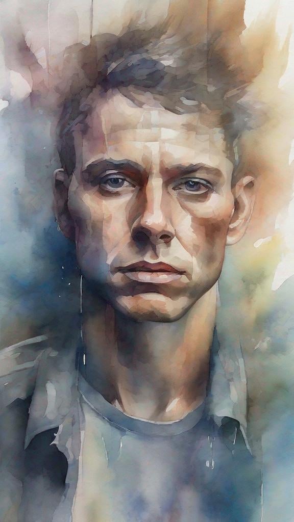 Prompt: Watercolor Male portrait, abstract surrealism painting, dreamlike atmosphere, faded out brushstrokes, high quality, surrealism, abstract art, dreamlike, washed out colors, brushstrokes, surreal, professional, atmospheric lighting, highres, abstract, surrealistic, detailed eyes