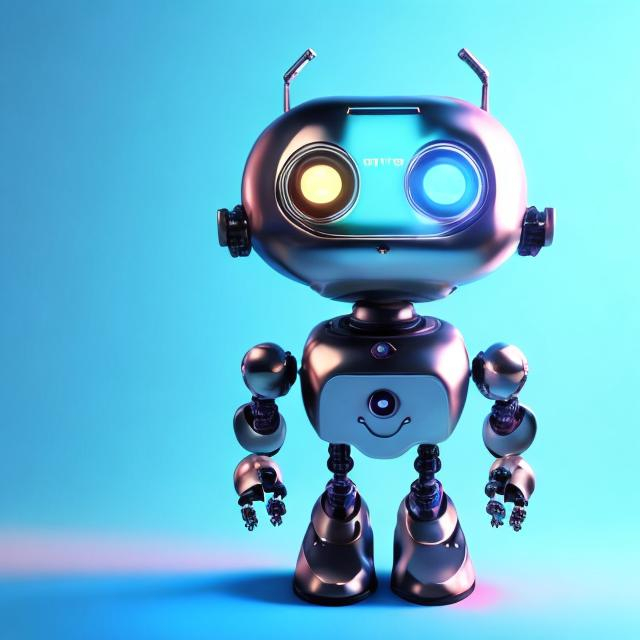 Prompt: ByteBot is a cheerful, anthropomorphic robot with a sleek metallic body adorned with colorful LED lights. Its large, expressive eyes convey a sense of curiosity and intelligence. Equipped with extendable arms and legs, ByteBot is always ready for adventure and problem-solving. Its antenna serves as both a communication device and a quirky accessory that wiggles with excitement. Whether helping friends or navigating digital landscapes, ByteBot's animated movements reflect its energetic and friendly personality.