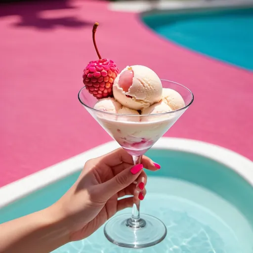 Prompt: Hand of a a young woman holding lychee ice cream in a martini glass by the pool, vibrant pink background, high quality, detailed, realistic, colorful, vibrant, modern, summery, fresh, vivid, elegant, detailed facial features, stylish, professional lighting