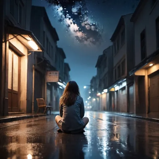 Prompt: an alone girl that sits in street in rain and night sky , she looks up a sky , from behind