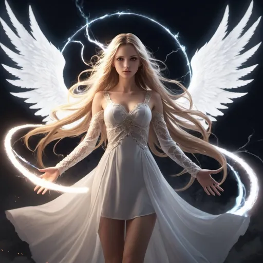 Prompt: angle girl that has light magic with long hair and dress , and she uses her magic to evil , like a war vs 