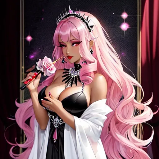 Prompt: Please make a regal goth siren wearing a white gown, black feather wings, purple eyeshadow, red lips, red eyes, light pink roses in hair, black woman, dark brown skin, goth makeup, pink pearl earrings and necklace, sensual, pink background, sparkles, valentine, long pink curly hair, RPG.