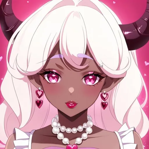 Prompt: A beautiful dark tan succubus with white curly horns, blush pink curly hair, red lipstick, purple eyeshadow, pink heart eyes,  white dress, white pearl necklace and earrings, light pink background, pink curly hair, and roses in the background.