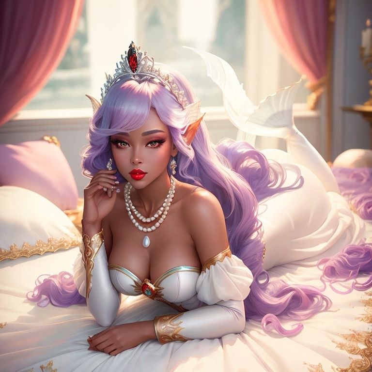 Prompt: Please make a regal mermaid woman with fin-ears, white gown, pearl necklace, white roses in hair, red eyes, red lips, purple eyeshadow, sensual, romantic black woman that's a princess.