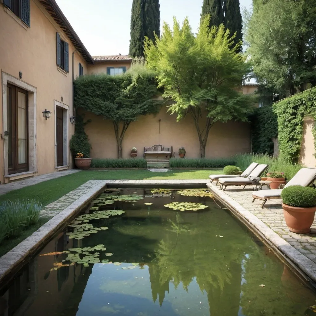 Prompt: italian backyard with pond
