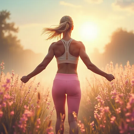 Prompt: Very fit blonde woman who’s a mother show lots of muscles and fitness clothes and make her look super powerful like she’s having a breakthrough with all the colors of Easter pastels because we are mimicking the Jesus Christ story where he came back to life we want women to feel emotional breakthroughs when they see it


Add the background scenery that looks kind of like digital art with iridescent pastels like she’s with the Easter, bunny, pastels, and big sun shining representing resurrection

Make her have a little bit bigger muscles. She needs a lot more muscles
