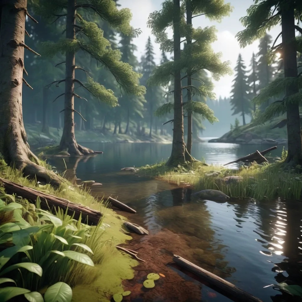 Prompt: a mysterious forest next to a lake, high quality, unreal engine