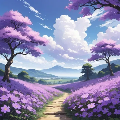 Prompt: Create an anime-style landscape of purple flowers and sky.