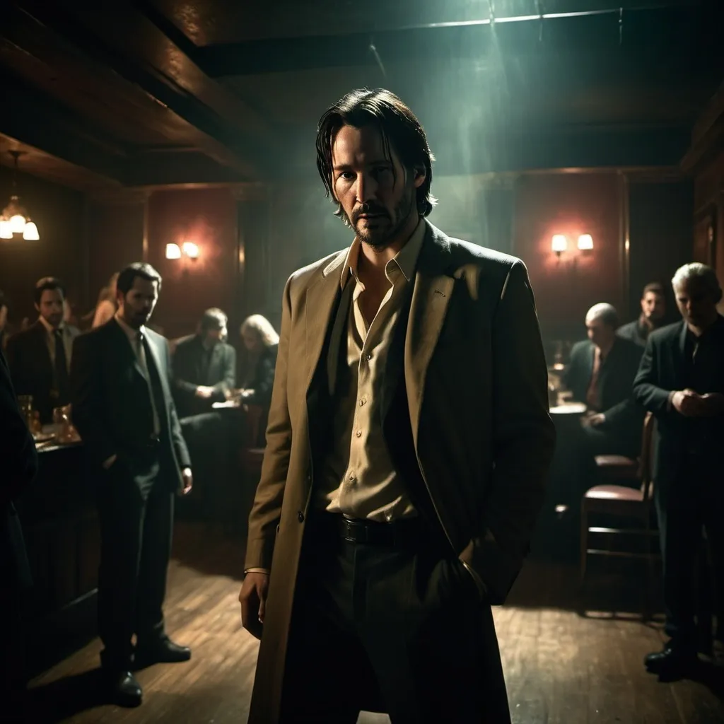 Prompt: Guy resembling (Keanu Reeves) as (John Constantine), dark smoky club atmosphere, (dramatic lighting), edgy ambiance, mysterious vibes, dimly lit interior, shadows casting around, people in background dancing and barely visible, muted tones, sultry colors, high contrast, (ultra-detailed), (cinematic quality), gripping scene, captivating and haunting atmosphere.