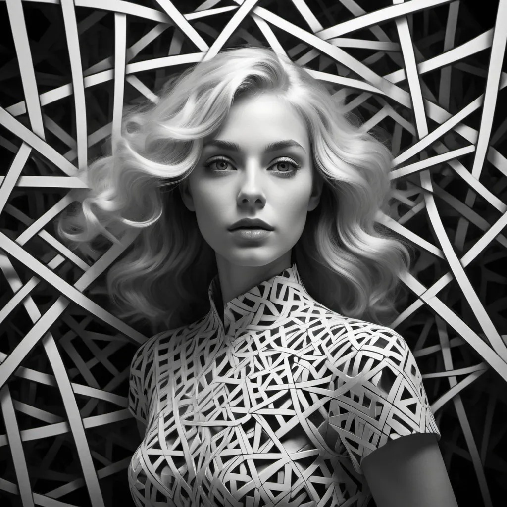 Prompt: A beautiful blonde woman with wavy hair is surrounded by an array of interlocking geometric shapes, creating intricate patterns that form the illusion of depth and movement in black and white. The design has been created using digital illustration techniques to create the effect of three-dimensional space on paper. This visual concept uses light and shadow to give texture to each element within the composition in the style of M.C. Escher. --ar 2:3 --style raw --stylize 1000