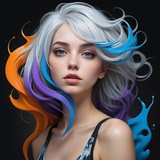 Prompt: A captivating and surreal illustration showcasing vibrant, white, blue and, grey colored hair cascading down shoulders like a liquid painting. Hair is a mesmerizing blend of electric blues, warm oranges, and rich purples, creating a mesmerizing effect that seems to drip or melt onto her neck and shoulders. Striking black eyes lock onto the viewer, while the expression exudes a sense of playfulness and curiosity. The artwork is exceptionally detailed, with masterful shading and color blending that imbues the piece with a dreamlike, ethereal quality., portrait photography, fashion, cinematic, poster, anime, photo, conceptual art, 3d render, dark fantasy, vibrant, graffiti