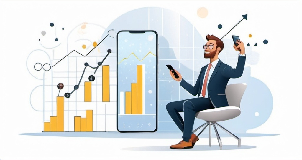 Prompt: A person (influencer, entrepreneur) holding a smartphone with graphs and charts displayed on it.
The person should have a confident, successful expression.
The background could be a simple, bright color or a subtle pattern related to money/success (e.g., subtle money rain, upward graphs).