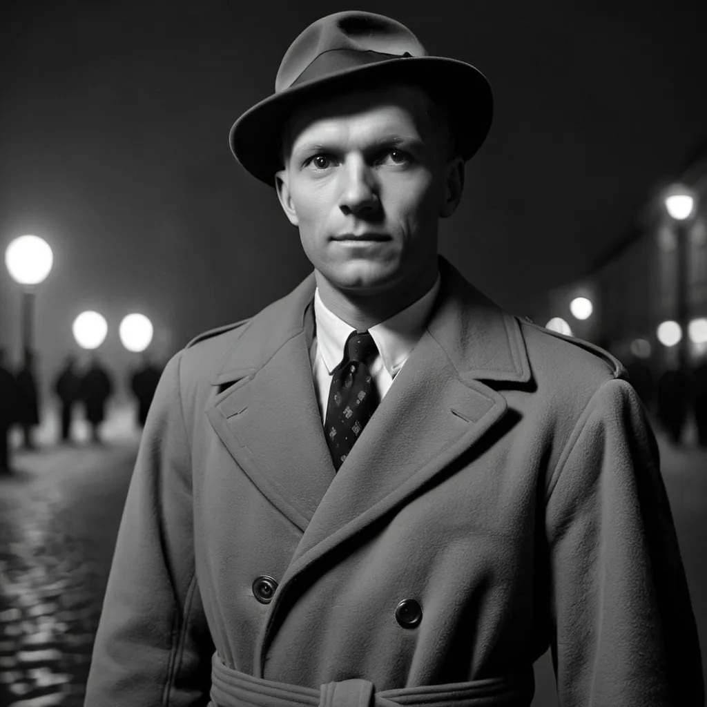 Prompt: Man hat coat Sweden 1940 night