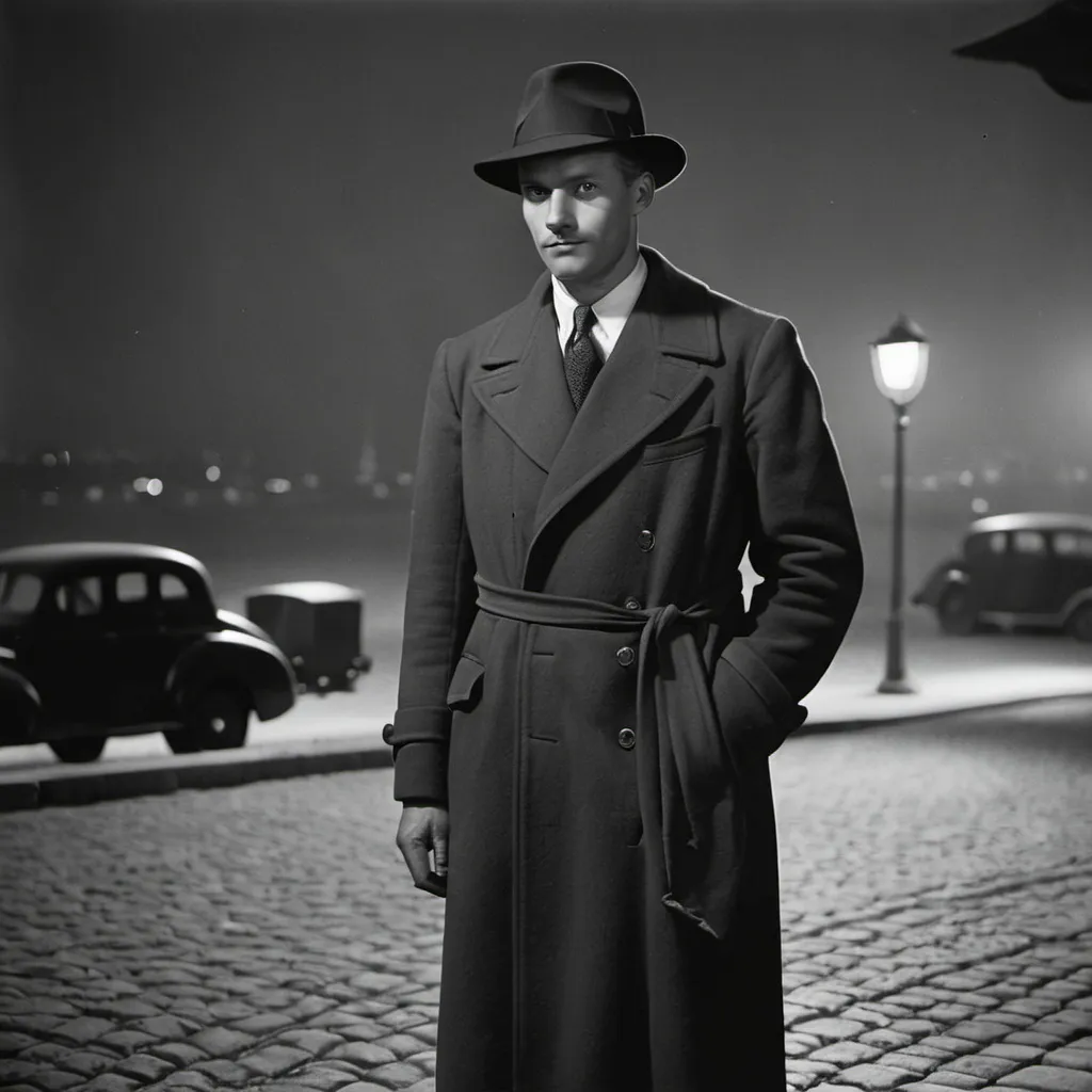 Prompt: Man hat coat Sweden 1940 port night