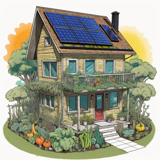 Prompt: A drawing of  a Solar Punk tiny house, which shows its weathered by time surrounded by vegetable and flower gardens.