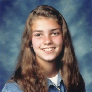 Prompt: A vintage 1990s high school yearbook portrait photo of teenage girl with blue fabric background