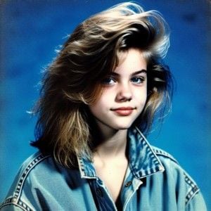 Prompt: A vintage 1990s high school yearbook portrait photo of teenage girl with blue fabric background