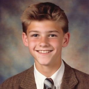 Prompt: A vintage 1990s high school yearbook portrait photo of young boy