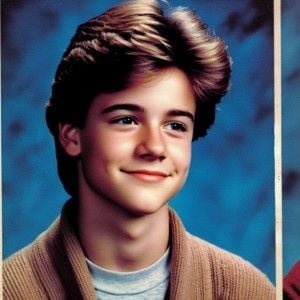 Prompt: A vintage 1990s high school yearbook portrait photo of young boy with blue fabric background