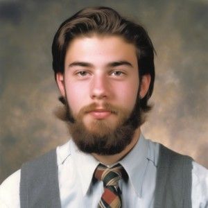 Prompt: A vintage 1990s high school yearbook portrait photo of young man with beard