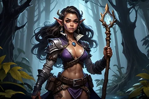 Prompt: Detailed DnD fantasy art of a pretty heroic female dnd Wood gnome druid, Jenna Ortega facial twin, bonnie facial traits, black eyes, thick long tousled brown hair, little cleavage, traditional detailed oil painting, intricate small brown leather armor, detailed black belts, dramatic lighting, dark vibrant colors, high quality, game-rpg style, epic high fantasy, traditional art, detailed brown leather armor, dramatic dark lighting, heroic rogue, fascinating, high quality details, wandering staff in the hand, in a murky forest background in a DnD fantasy landscape with detailed plants and trees, atmospheric lighting, highres, fantasy,  immersive, murky tones, medieval, mysterious, foggy, moody atmosphere