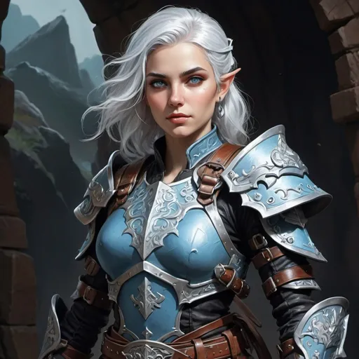 Prompt: Detailed DnD whole body fantasy art of a pretty heroic female dnd Air Genasi Ranger, lovely facial traits, many blue in white hair, lightblue grey teint, lightblue grey skin, traditional detailed painting, intricate small 
dark leather armor, black shirt, detailed black belts, dramatic lighting, vibrant colors, high quality, game-rpg style, epic fantasy, traditional art, detailed leather armor, dramatic lighting, heroic ranger, fascinating, vibrant colors, high quality details, scimitars in belt