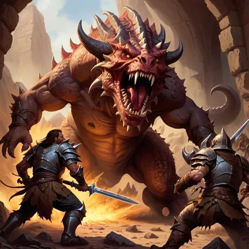 Prompt: Dungeons & Dragons adventure group in fierce combat with the tarrasque, digital painting, detailed armor and weapons, epic fantasy setting, intense action scene, high quality, fantasy, digital painting, detailed armor, intense action, epic fantasy, combat, trolls, elaborate weapons, dramatic lighting