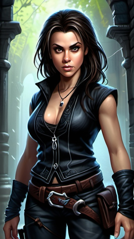 Prompt: Alyssa Milano, Detailed DnD fantasy art of a young heroic female dnd Halfling Assassin, many thick long tousled dark brown hair, traditional detailed painting, intricate small black leather vest, dark chemise, detailed black belts, murky lighting, dark vibrant colors, high quality, game-rpg style, epic high fantasy, traditional art, detailed black fabric armor, dramatic dark lighting, heroic Assassin, fascinating, dark vibrant colors, high quality details, high quality detailed medivial urban background