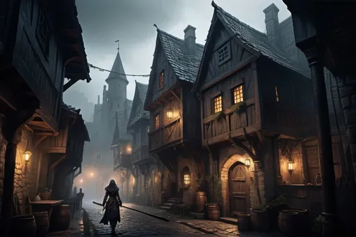 Prompt: Huge very detailed DnD fantasy landscape with a murky city, detailed houses and taverns, atmospheric lighting, highresolution, dark fantasy, detailed architecture, immersive, murky tones, medieval, mysterious, foggy, bustling city, detailed alleys, ancient buildings, moody atmosphere, a dnd female Dnd Assassin lungering around a house corner with a dagger in her hand
