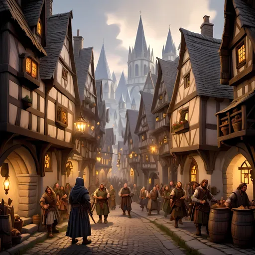 Prompt: Medieval D&D fantasy cityscape with bustling village, detailed architecture and cobblestone streets, lively townsfolk in period clothing, mystical fantasy lighting, high quality, detailed medieval architecture, lively townsfolk, fantasy landscape, mystical lighting