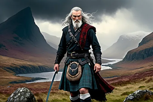 Prompt: Background in dramatic Scottish Highlands, dark vibrant colors, high quality, game-rpg style, epic high fantasy, traditional art, dramatic dark lighting, heroic fighter, fascinating, high quality details, atmospheric lighting, highres, fantasy,  immersive, murky tones, medieval, mysterious, foggy, moody atmosphere, broken Scottish Flag in the background, Sean Connery, Kilt, Detailed DnD fantasy art of an elder heroic male fighter in the landscape, black eyes, thick long tousled silvergrey hair, traditional detailed oil painting, low body fat, intricate detailed typical Scottish mens clothes, detailed black belts