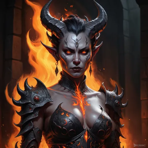 Prompt: Detailed digital painting of full body female Baldur's Gate 3 Demon Mizora, stunning pretty but mean facial traits, grey skin, fiery and ominous atmosphere, high quality, digital painting, menacing demonic features, glowing eyes, intense expression, swirling flames, dark and foreboding color tones, intricate horns, fiery backdrop, dramatic lighting