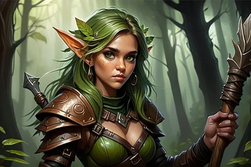 Prompt: Detailed DnD fantasy art of a pretty heroic female wood gnome druid, Jessica Alba facial twin, cute facial traits, green eyes, thick long tousled green hair, little cleavage, traditional detailed oil painting, intricate small brown leather armor, detailed black belts, dramatic lighting, dark vibrant colors, high quality, game-rpg style, epic high fantasy, traditional art, detailed brown leather armor, dramatic dark lighting, heroic druid, fascinating, high quality details, wandering staff in the hand, in a murky forest background in a DnD fantasy landscape with detailed plants and trees, atmospheric lighting, highres, fantasy,  immersive, murky tones, medieval, mysterious, foggy, moody atmosphere, little birds flying around, dragonflies and butterflies flying around