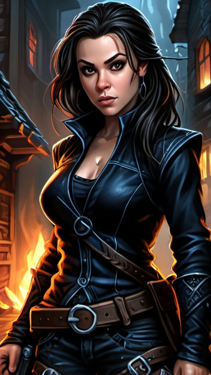 Prompt: Alyssa Milano, Detailed DnD fantasy art of a young heroic female dnd Halfling Assassin, many thick long tousled dark brown hair, traditional detailed painting, intricate small black leather vest, dark chemise, detailed black belts, murky lighting, dark vibrant colors, high quality, game-rpg style, epic high fantasy, traditional art, detailed black fabric armor, dramatic dark lighting, heroic Assassin, fascinating, dark vibrant colors, high quality details, high quality detailed medivial urban background