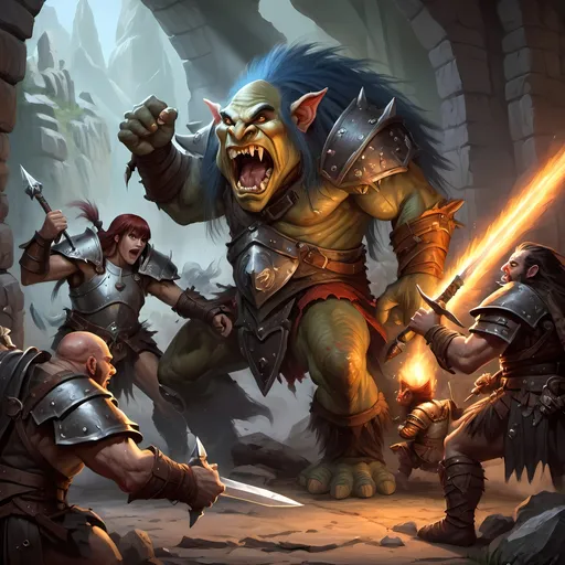 Prompt: Dungeons & Dragons adventure group in fierce combat with trolls and vettels, digital painting, detailed armor and weapons, epic fantasy setting, intense action scene, high quality, fantasy, digital painting, detailed armor, intense action, epic fantasy, combat, trolls, vettels, elaborate weapons, dramatic lighting