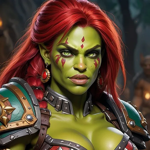 Prompt: World of warcraft Garona, Detailed DnD fantasy art of a heroic female dnd half orc barbarian, lovely facial traits, green skin, red hair, detailed visible boar teeth at the mouth, detailed visible tusks at the mouth, traditional detailed painting, intricate small black leather armor, detailed black belts, dramatic lighting, vibrant colors, high quality, game-rpg style, epic fantasy, traditional art, detailed dark leather armor, dramatic lighting, heroic barbarian, fascinating dry muscles, large biceps, strong underarms, low body fat, vibrant colors, high quality details, impressive warhammer in the hand